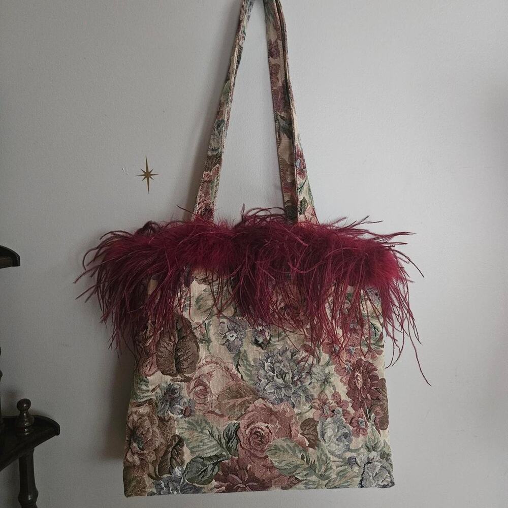 Vintage Tapestry Large Shoulder Tote Bag With Faux Ostrich Fur Trim